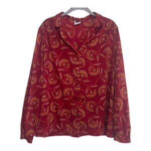 Vintage 70s Lady Graff Womens Long Sleeve Button Down Geometric Red Blouse Large